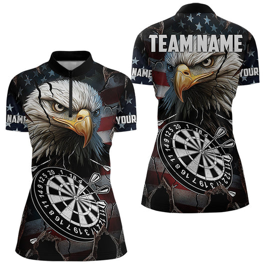 Personalized Eagle American flag Dart Polo, Quarter Zip Shirt for Women Custom Patriotic Darts Jersey NQS9521