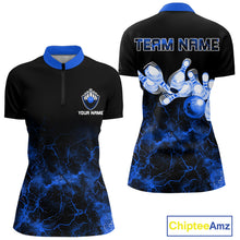 Load image into Gallery viewer, Personalized Women's bowling shirts Blue lightning Bowling Ball Pins bowling jerseys for Bowler NQS10633
