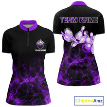 Load image into Gallery viewer, Personalized Women's bowling shirts Purple lightning Bowling Ball Pins bowling jerseys for Bowler NQS10634