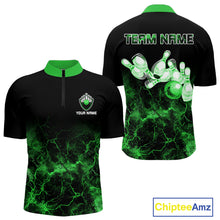 Load image into Gallery viewer, Personalized Men's bowling shirts Green lightning Bowling Ball Pins bowling jerseys for Bowler NQS10635