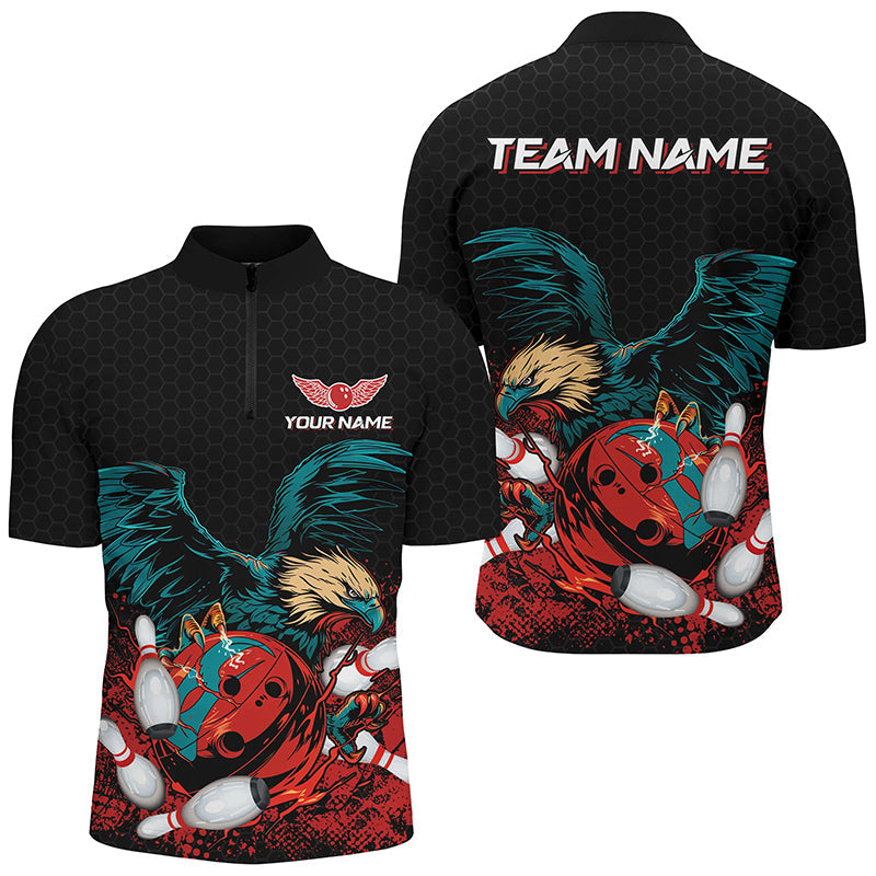 Eagle Bowling Polo, Quarter Zip Shirts For Men Custom team bowling jerseys, gift for bowlers | Black NQS8250