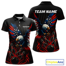 Load image into Gallery viewer, Black and Red Flame American Flag Eagle Bowling Shirts For Women Custom Patriotic Bowling Team Jersey NQS10878