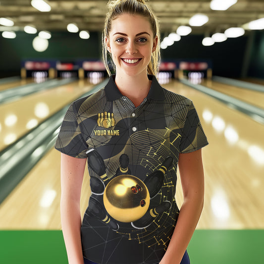 Black and Gold Bowling Polo, Quarter Zip Shirts For Women Custom Bowling Team League Jersey NQS9688