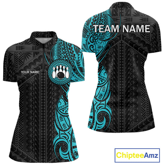 Black & Cyan Blue Tribal pattern Women Bowling Shirt Custom Bowling outfit ladies Team bowling jersey NQS10649