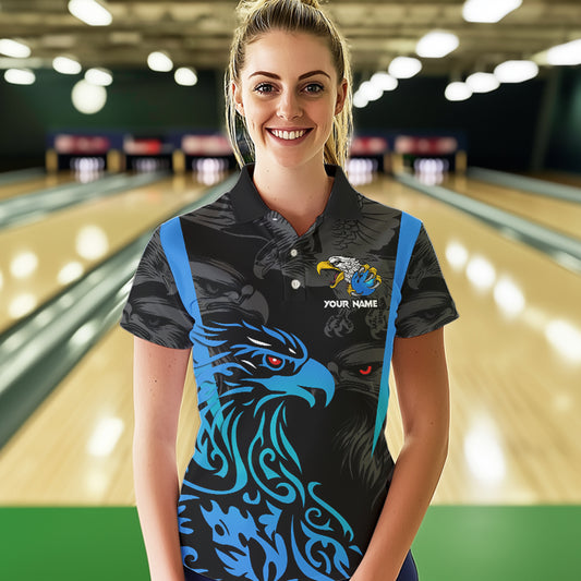 Black and Blue Tribal Eagle Bowling Polo, Quarter Zip Shirts For Women Custom Eagle Bowling Team Shirt NQS9716