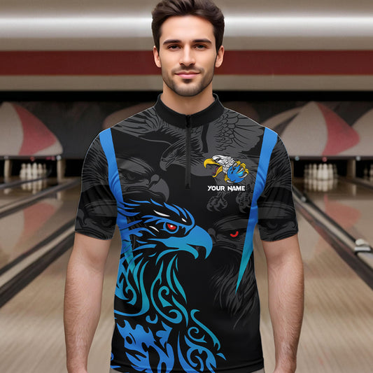 Black and Blue Tribal Eagle Bowling Polo, Quarter Zip Shirts For Men Custom Eagle Bowling Team Shirt NQS9716
