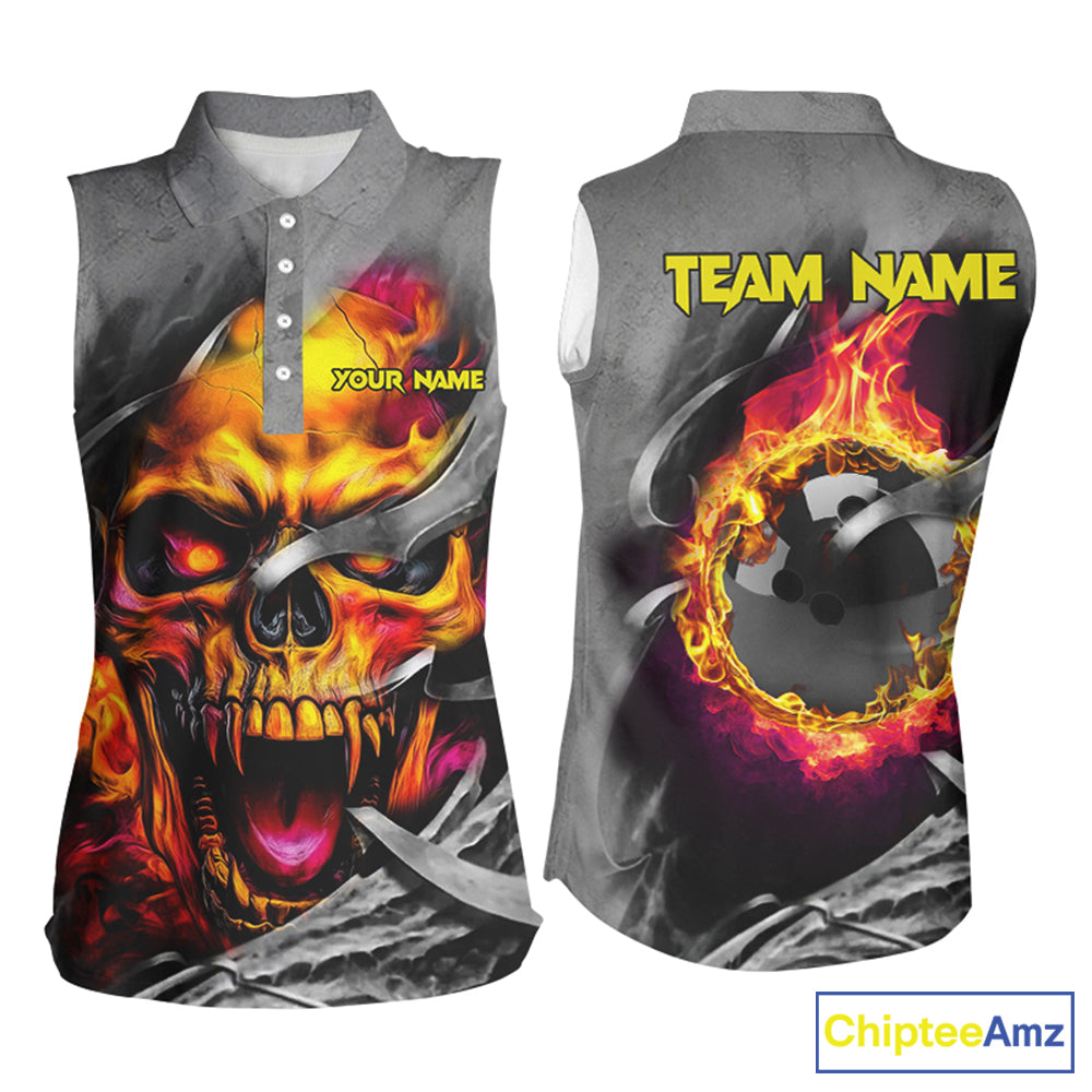 Flame Skull Bowling sleeveless polo Shirts Custom Halloween Bowling Team Jerseys, bowling gift for her NQS8503
