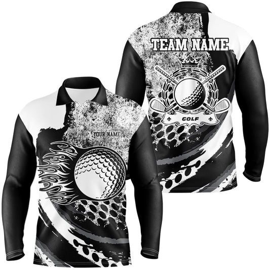 Black and White grunge Flame golf ball custom name Mens golf polo shirts, golf outfit for men NQS8506