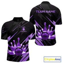 Load image into Gallery viewer, Custom Black and Purple Bowling Polo, Quarter Zip Shirts for Men, Team Bowling League Jersey NQS10894
