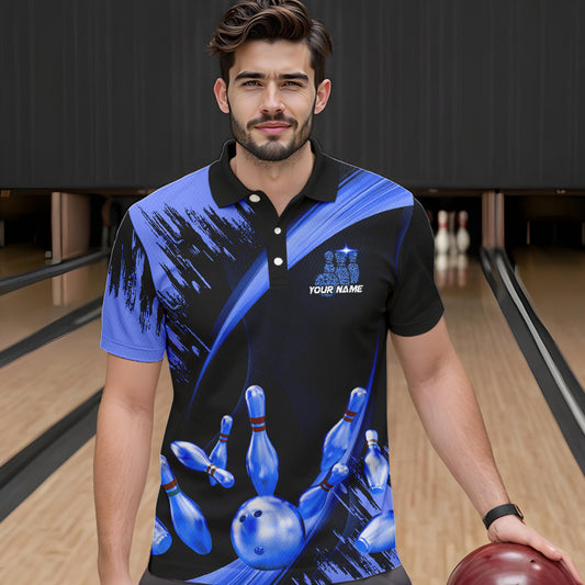 Personalized Black and Blue Bowling Polo, Quarter Zip Shirts For Mens Custom Bowling Team Jersey NQS9723