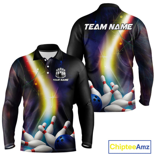 Custom Rainbow Lights Bowling Polo, 1/4 Zip Shirt For Men, Personalized bowling team jersey with name NQS10283
