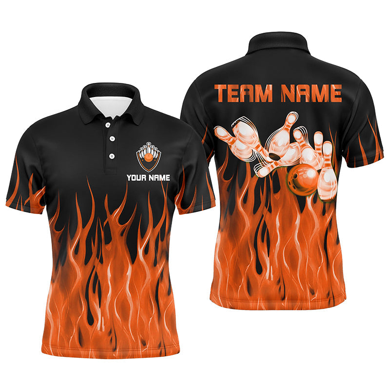 Personalized Men Polo, 1/4 Zip Bowling Shirt Orange Flame Bowling Ball Pins bowling jersey for Bowler NQS8518