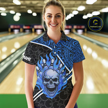 Load image into Gallery viewer, Black and Blue Flame Skull tribal pattern camo Bowling Shirts for Women Custom Bowling Team Jersey NQS10916