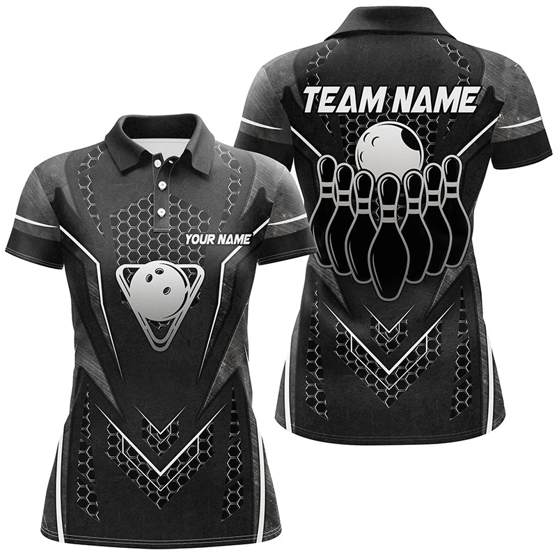 Black Hexagon pattern bowling ball and pins Women bowling shirts custom Team bowling league jerseys NQS8328