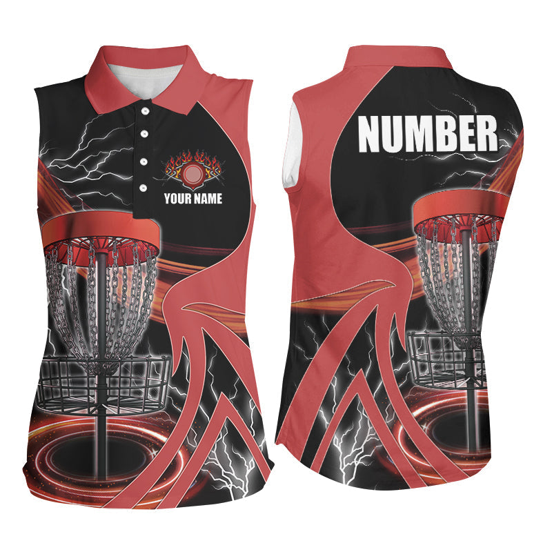 Women sleeveless polo shirt custom lightning thunder disc golf basket, disc golf jersey | Red NQS8528