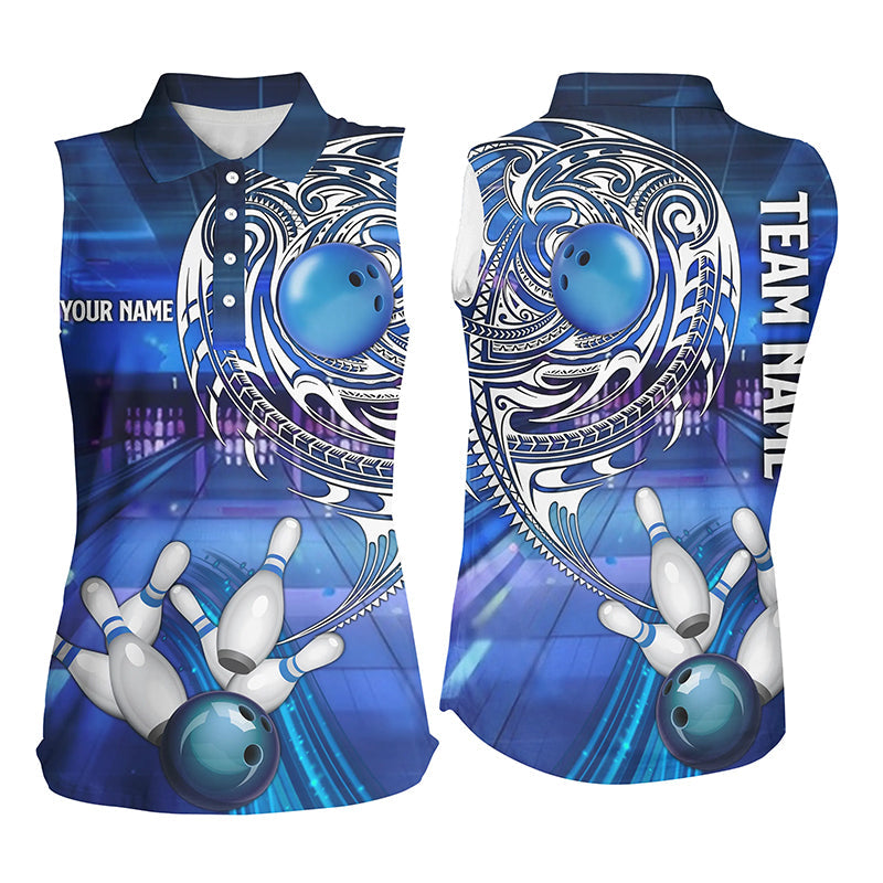 Personalized Blue tribal pattern custom women bowling sleeveless polo shirts, cool bowling jerseys NQS8339