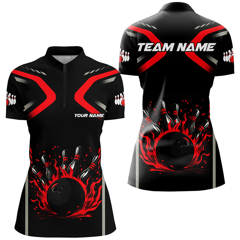 Personalized Red & Black Flame Bowling ball pins custom bowling shirts for Women, cool bowling jerseys NQS8341