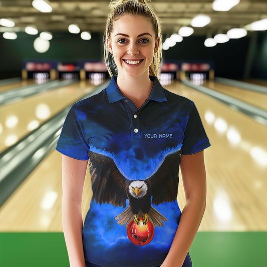 Personalized Blue Flame Eagle Custom Bowling Team Shirts For Women, Fire Eagle Bowling League Jersey NQS9614