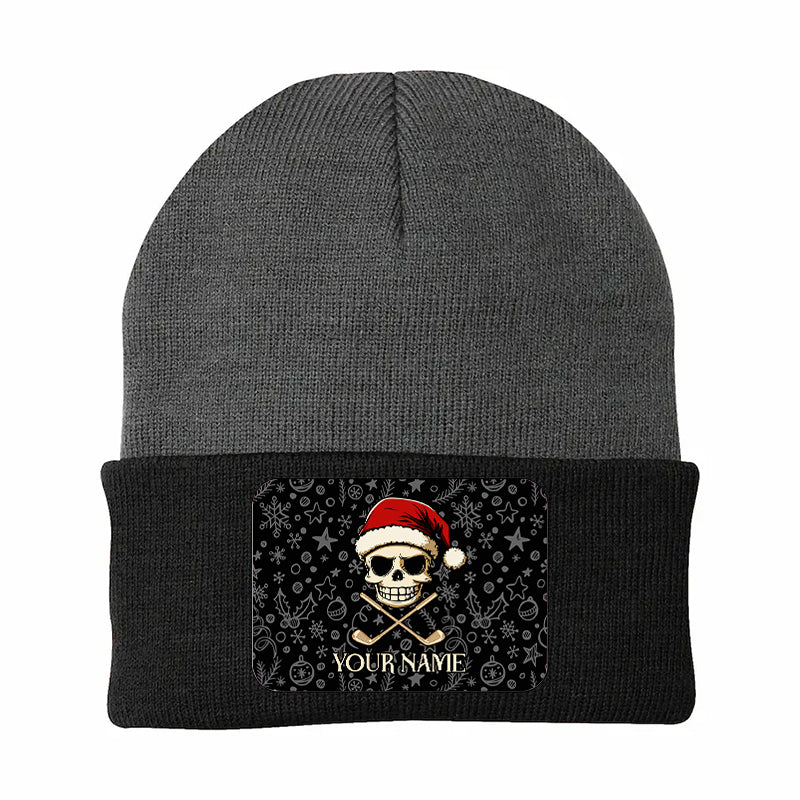 Funny Christmas Skull Golf Knit Beanie Hat, Custom Rectangle Patch Golf Beanie Hat, Xmas Golf Gifts NQS10783