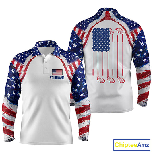 Watercolor American flag white Mens golf polo shirt custom mens patriotic polo shirts golfing gift NQS5376