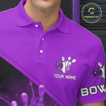 Load image into Gallery viewer, Men bowling polo, quarter zip shirts Custom purple lightning thunder Bowling Team Jersey Bowlers Gift NQS10591