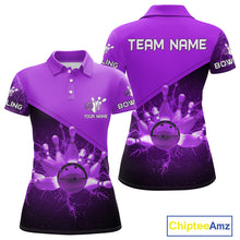 Load image into Gallery viewer, Women bowling polo, 1/4 zip shirts Custom purple lightning thunder Bowling Team Jersey Bowlers Gift NQS10591