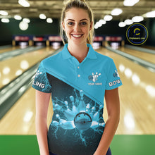 Load image into Gallery viewer, Women bowling polo, 1/4 zip shirt Custom light blue lightning thunder Bowling Team Jersey Bowler Gift NQS10592