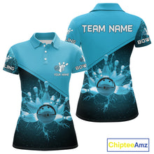 Load image into Gallery viewer, Women bowling polo, 1/4 zip shirt Custom light blue lightning thunder Bowling Team Jersey Bowler Gift NQS10592