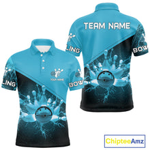 Load image into Gallery viewer, Men bowling polo, 1/4 zip shirts Custom light blue lightning thunder Bowling Team Jersey Bowlers Gift NQS10592