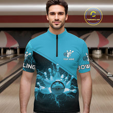 Load image into Gallery viewer, Men bowling polo, 1/4 zip shirts Custom light blue lightning thunder Bowling Team Jersey Bowlers Gift NQS10592