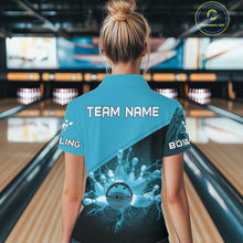 Load image into Gallery viewer, Women bowling polo, 1/4 zip shirt Custom light blue lightning thunder Bowling Team Jersey Bowler Gift NQS10592