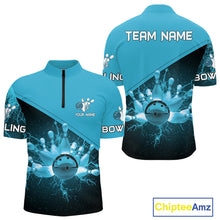 Load image into Gallery viewer, Men bowling polo, 1/4 zip shirts Custom light blue lightning thunder Bowling Team Jersey Bowlers Gift NQS10592