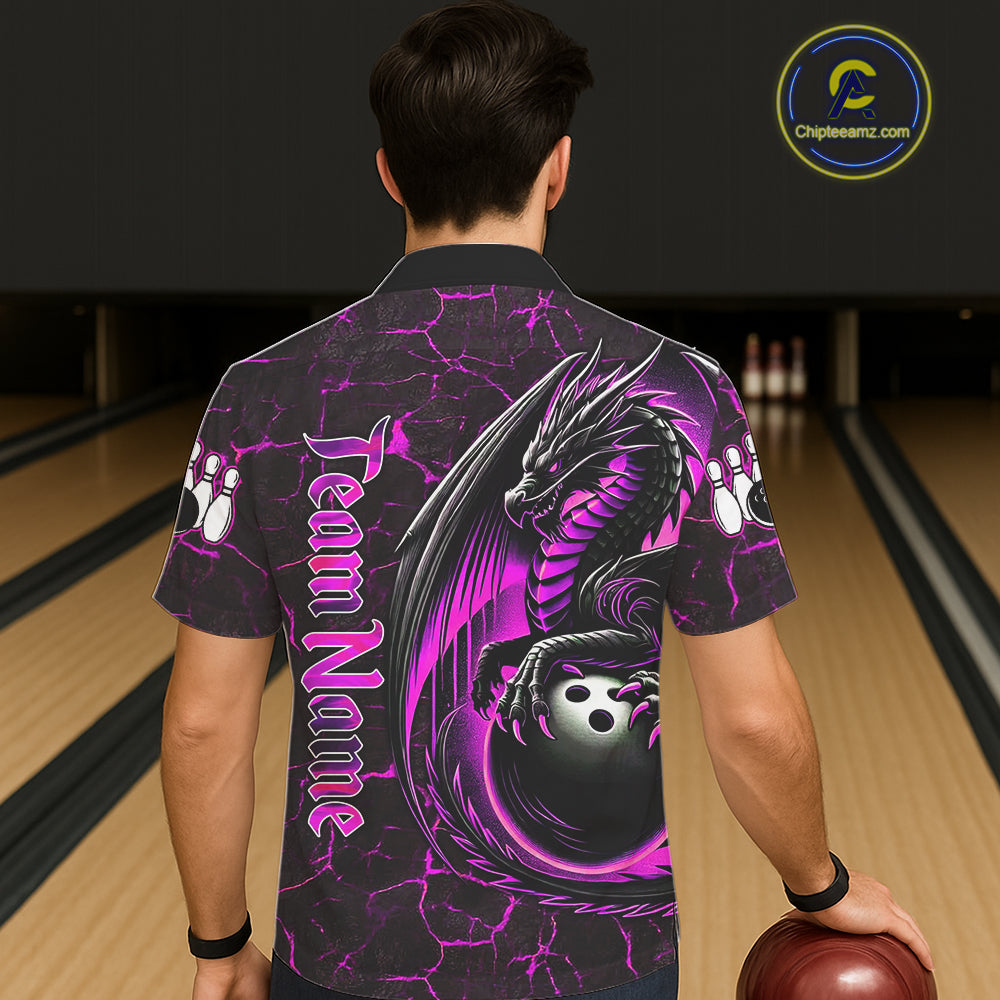 Black And Pink Custom Dragon Bowling Button-up Shirts, Dragon Hawaiian Bowling Team Shirts NQS11622