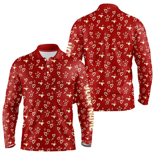 Gold Heart Red pattern Mens golf polo shirts custom Valentines golf gift for him NQS9368