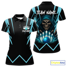 Load image into Gallery viewer, Black and Blue Reaper Skull lightning Bowling Shirts for Women Custom Team Bowling league jersey NQS10869