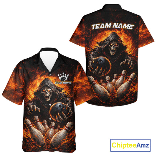 Personalized Skull Hawaiian Bowling Jerseys Custom Black and Orange Bowling Team button up shirt NQS11474