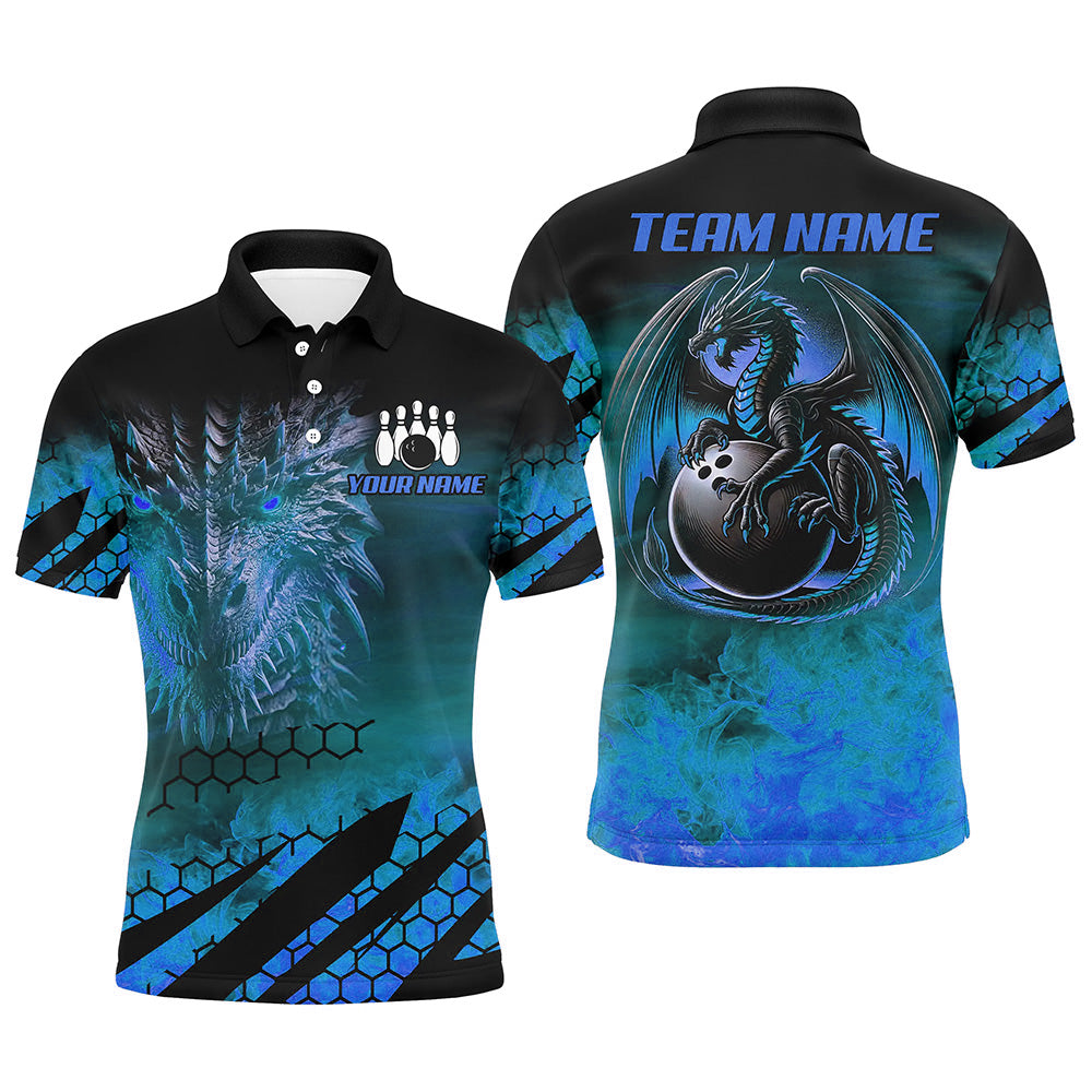Black And Blue Custom Dragon Flame Bowling Shirts For Men, Dragon Fire Bowling Team Shirts NQS8498