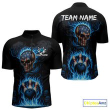 Load image into Gallery viewer, Custom Black and Blue Flame American Flag Skull Bowling Shirts for Men, Bowling Team League Jersey NQS10913