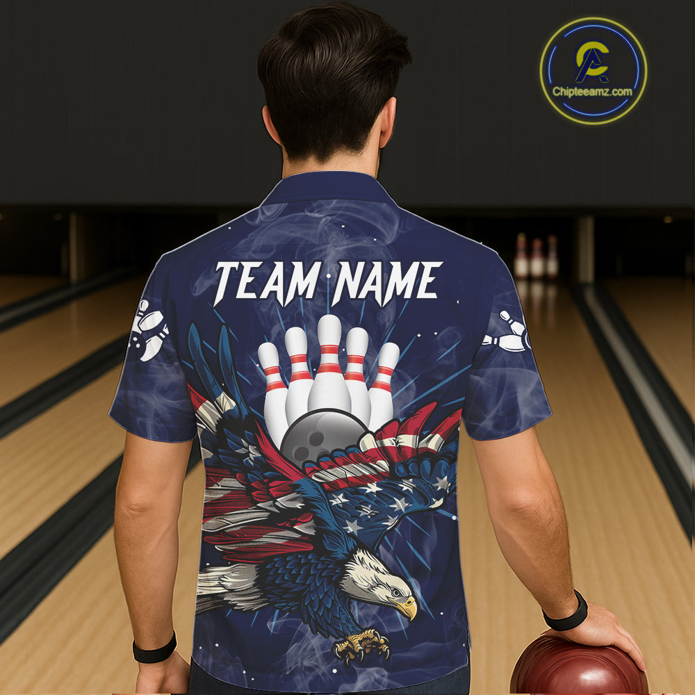 Blue Smoke American Flag Eagle Bowling Hawaiian Shirts Custom patriotic Bowling Team Jersey NQS11288