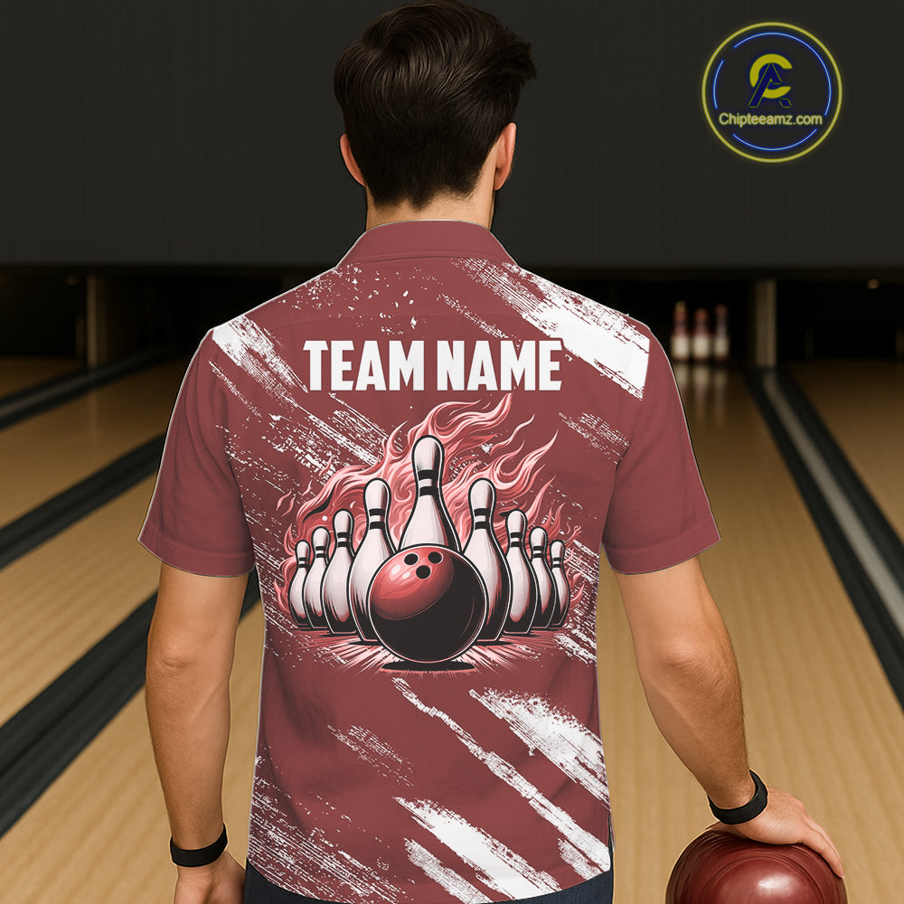 Red and White retro Argyle Flame Bowling Hawaiian Shirt Custom bowling team jersey NQS11313