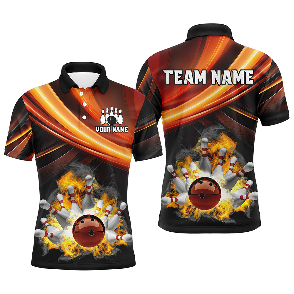 Personalized Black and Orange Smoke Flame Bowling Polo, 1/4 Zip Shirts For Men, cool bowling jerseys NQS8359