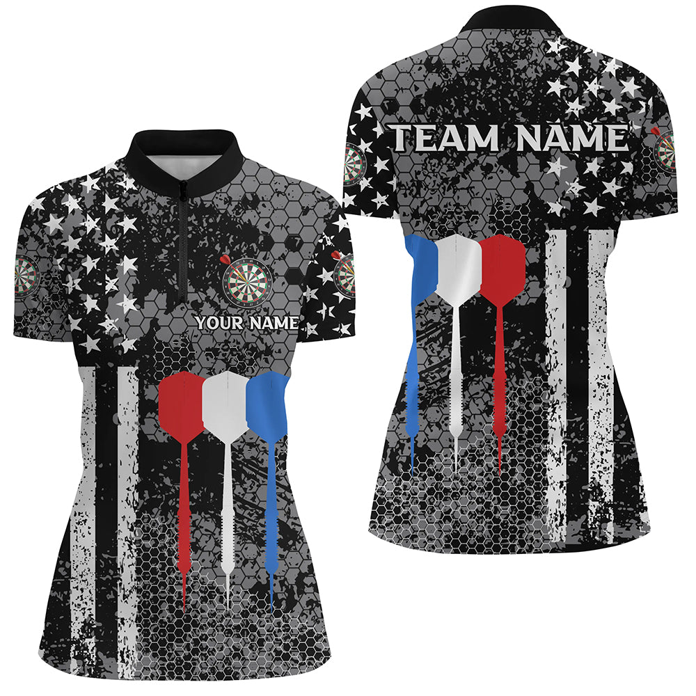 Black and White American Flag Dart Polo, Quarter Zip Shirt For Women Custom Patriotic Dart Shirts NQS9107