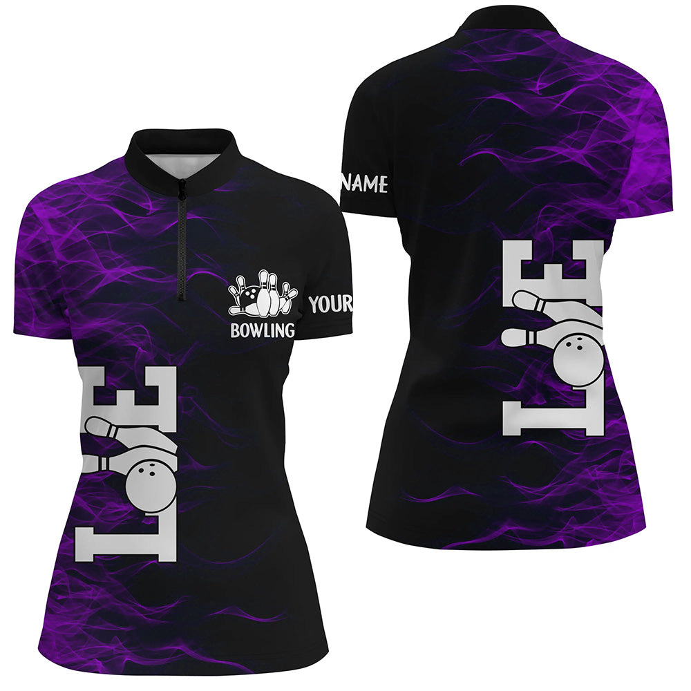 Purple Flame Bowling Custom Women Bowling Polo, Quarter zip Shirts Bowling Team Jerseys Tournament NQS8410