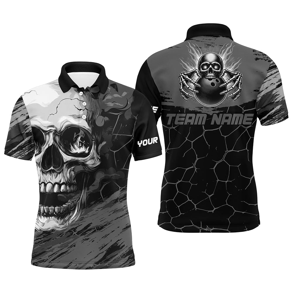 Black and Gray Skull Bowling Custom Bowling Polo, 1/4 zip Shirts For Men Bowling Team League Jerseys NQS8425