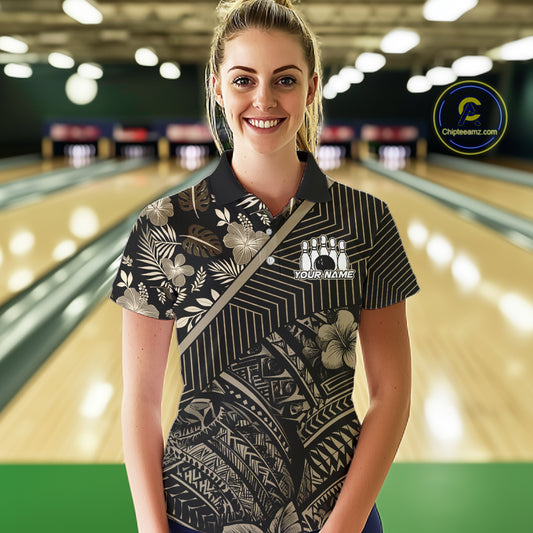 Black tribal pattern Bowling Polo, 1/4 zip Shirts For Women Custom Team Bowling Jerseys NQS11389