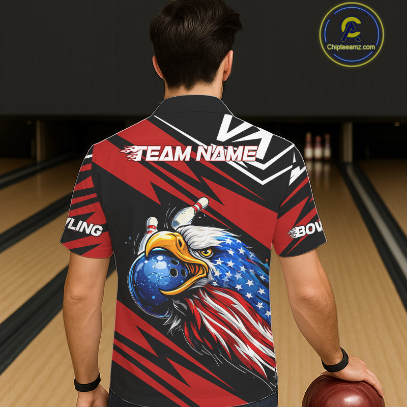 Custom Black and Red Camo American Flag Eagle Button-up Bowling shirts, patriotic bowling team shirts NQS11609