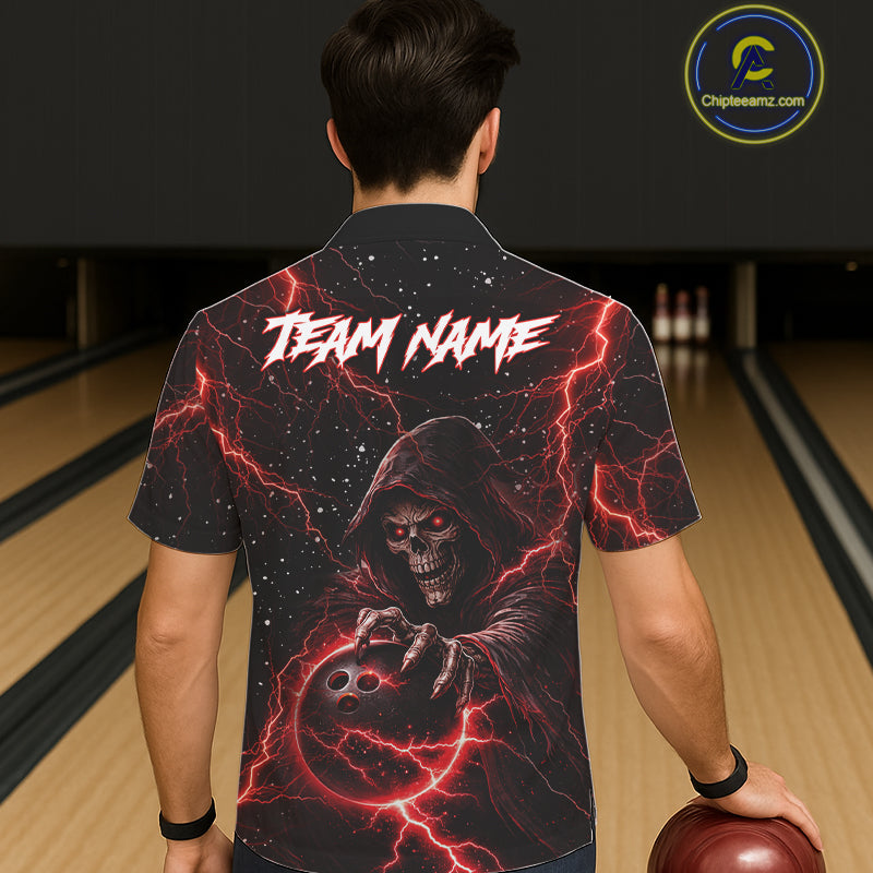 Custom Black And Red Lightning Thunder Skull Reaper Bowling Button-up Shirt, Hawaiian Bowling Jerseys NQS11623
