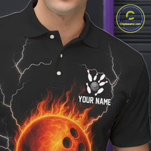 Load image into Gallery viewer, Custom Black and Orange Flame Lightning Bowling Polo, Quarter Zip Shirt For Men, Team Bowling Outfit NQS10855