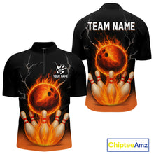 Load image into Gallery viewer, Custom Black and Orange Flame Lightning Bowling Polo, Quarter Zip Shirt For Men, Team Bowling Outfit NQS10855