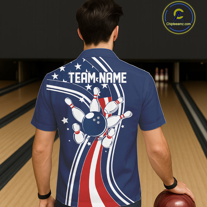 Retro bowling Hawaiian shirt Custom American flag patriotic team bowling button-up jersey | Navy NQS11430